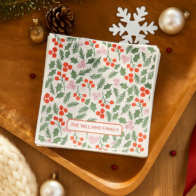 Modern Red & Green Christmas Floral Pattern Napkin (Creator Uploaded)