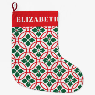 Modern Red Green Christmas Holly Pattern Custom Large Christmas Stocking