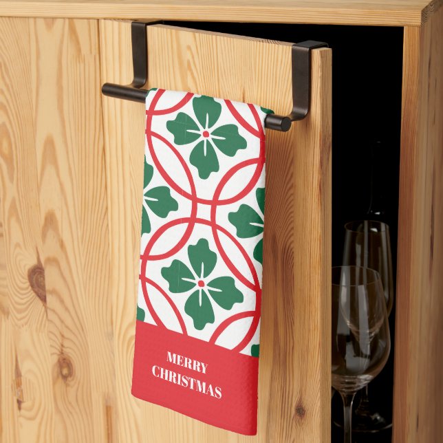 Modern Red Green Christmas Holly Pattern Tea Towel (Thirds Fold)