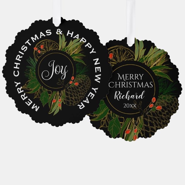 MODERN RED & GREEN CHRISTMAS, PERSONALIZED TREE DECORATION CARD (Front/Back)