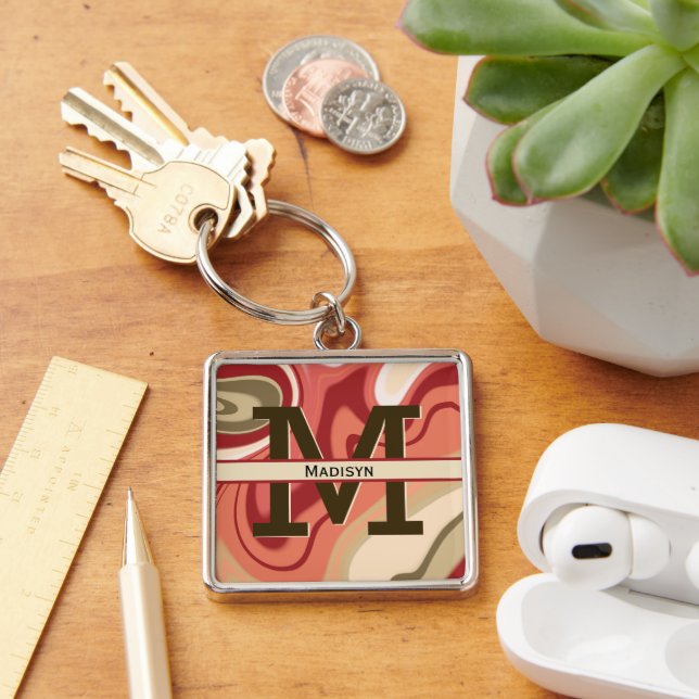 Modern Red Green Cream Swirl Monogram Initial Name Key Ring (Desk)