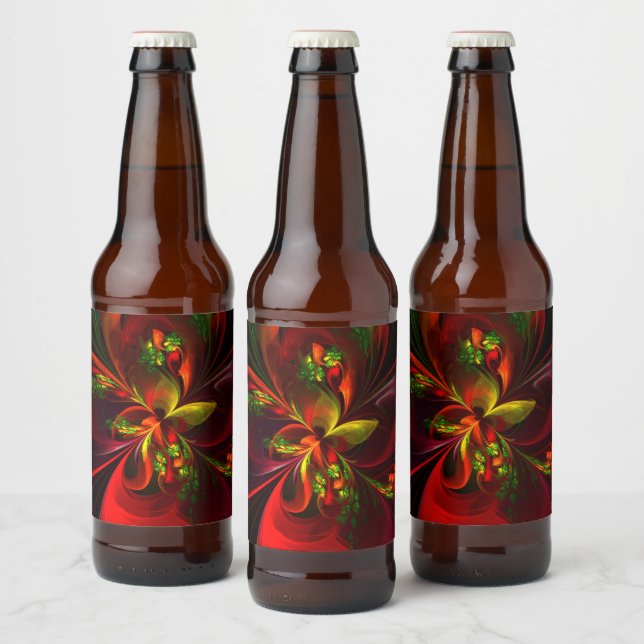 Modern Red Green Floral Abstract Art Pattern #05 Beer Bottle Label (Bottles)