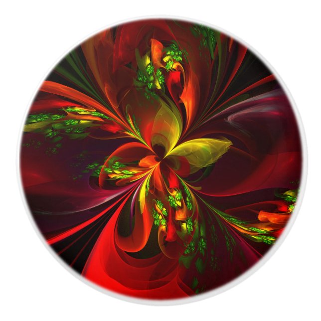 Modern Red Green Floral Abstract Art Pattern #05 Ceramic Knob (Front)