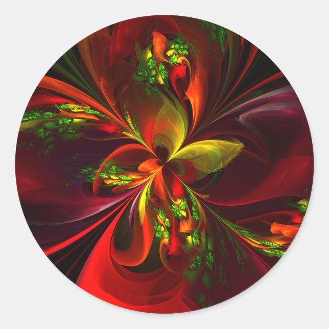 Modern Red Green Floral Abstract Art Pattern #05 Classic Round Sticker (Front)