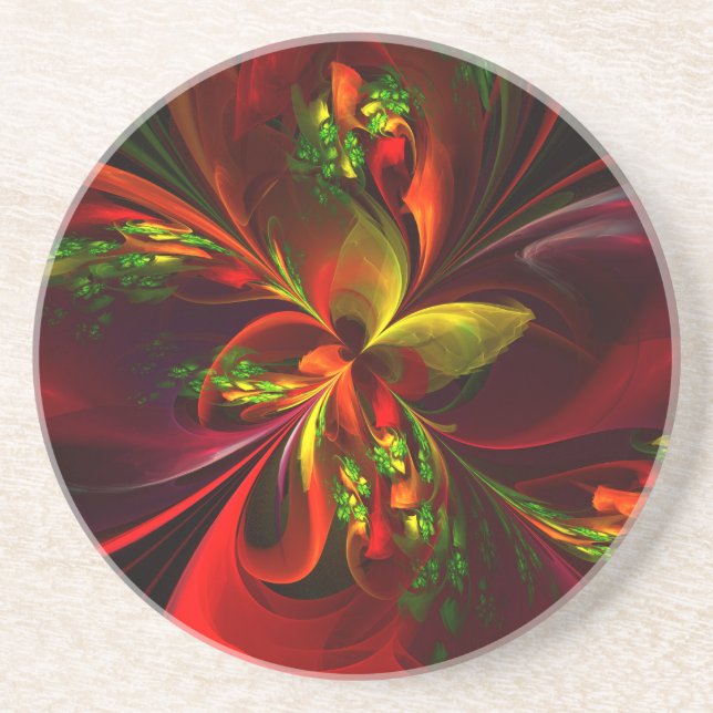 Modern Red Green Floral Abstract Art Pattern #05 Coaster (Front)