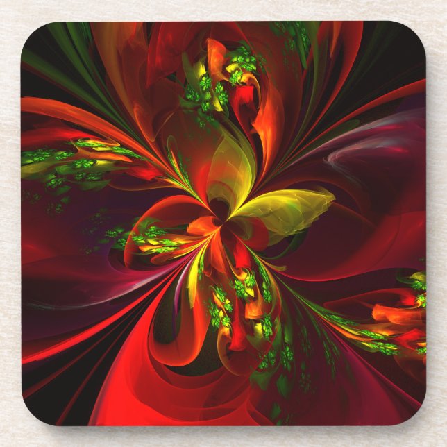 Modern Red Green Floral Abstract Art Pattern #05 Coaster (Front)