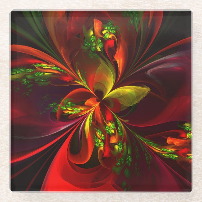 Modern Red Green Floral Abstract Art Pattern #05 Glass Coaster (Front)