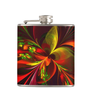 Modern Red Green Floral Abstract Art Pattern #05 Hip Flask