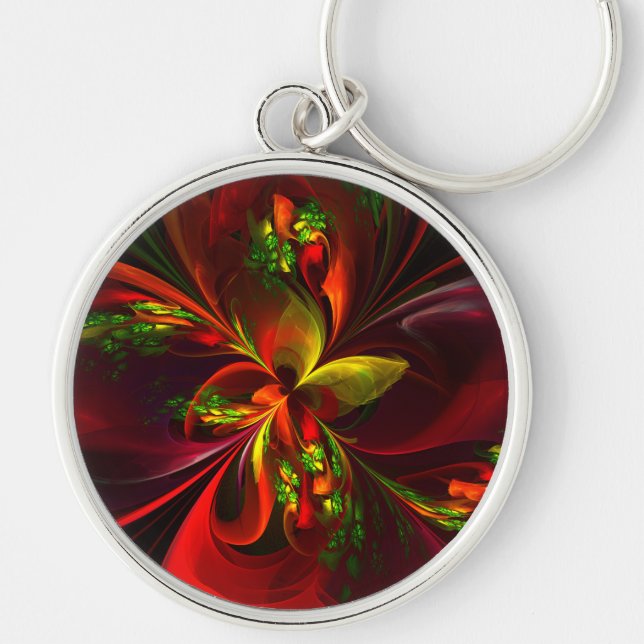 Modern Red Green Floral Abstract Art Pattern #05 Key Ring (Front)