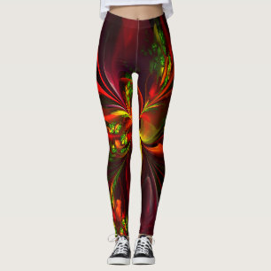 Modern Red Green Floral Abstract Art Pattern #05 Leggings
