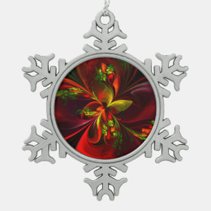 Modern Red Green Floral Abstract Art Pattern #05 Snowflake Pewter Christmas Ornament