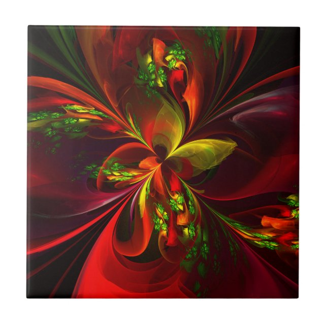 Modern Red Green Floral Abstract Art Pattern #05 Tile (Front)