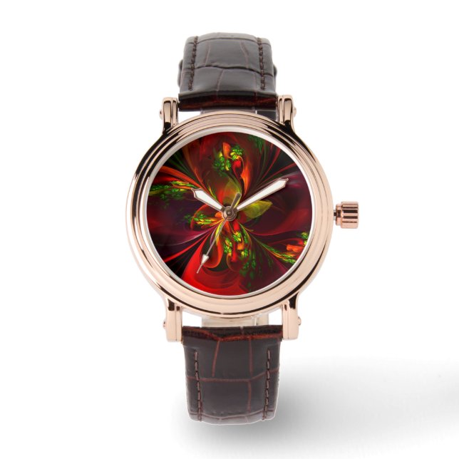 Modern Red Green Floral Abstract Art Pattern #05 Watch (Front)