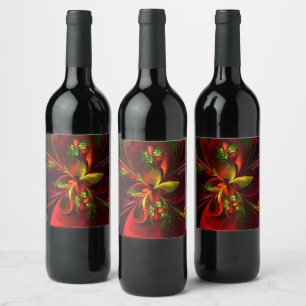 Modern Red Green Floral Abstract Art Pattern #05 Wine Label