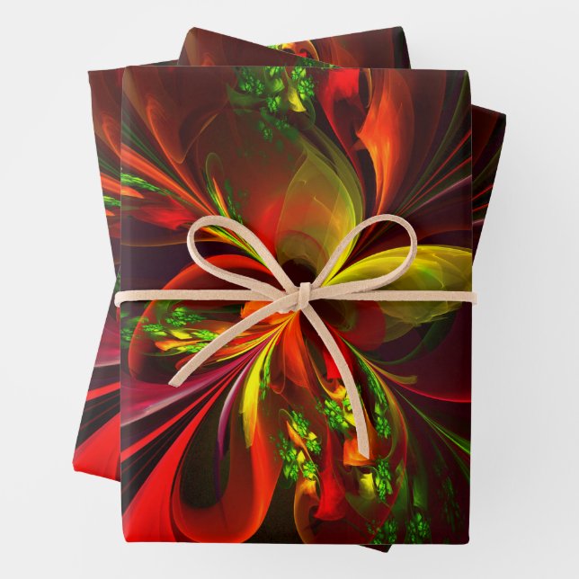 Modern Red Green Floral Abstract Art Pattern #05 Wrapping Paper Sheet (In situ)