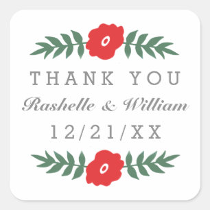 Modern Red Green Floral Thank You Stickers