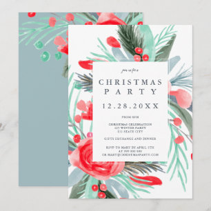 Modern red green floral watercolor Christmas party Invitation