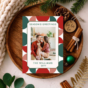 Modern Red & Green Geometric Floral Pattern Photo Holiday Card