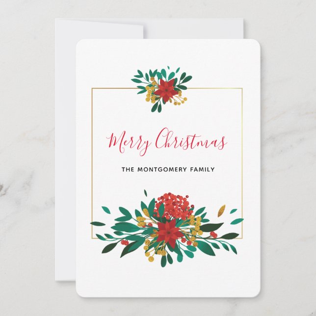 Modern Red Green & Gold Christmas Bouquet Holiday Card (Front)