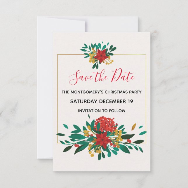Modern Red Green & Gold Christmas Bouquet Party Save The Date (Front)