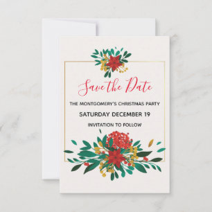 Modern Red Green & Gold Christmas Bouquet Party Save The Date