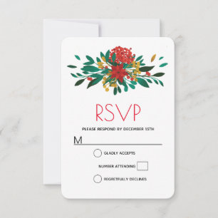 Modern Red Green & Gold Christmas Bouquet RSVP Card