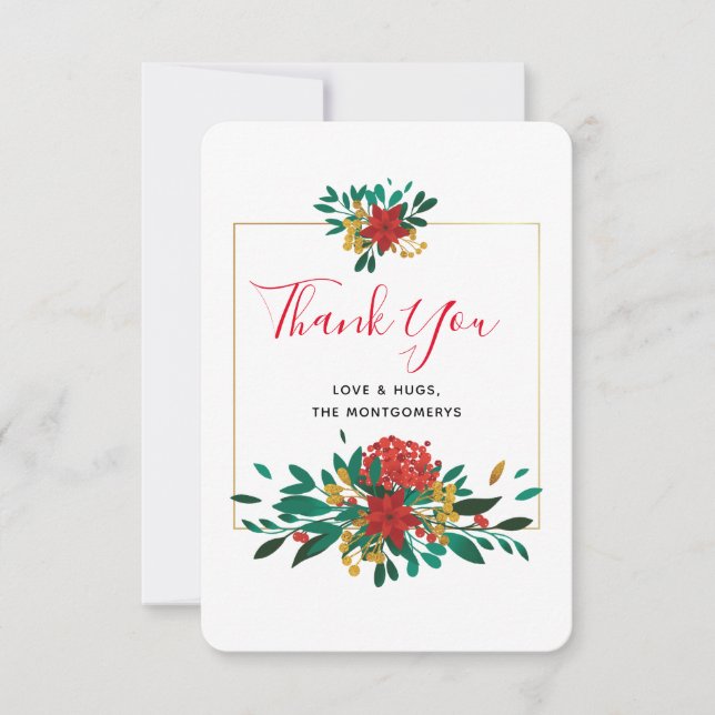 Modern Red Green & Gold Christmas Bouquet Thank You Card (Front)