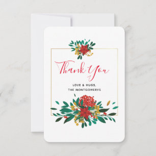 Modern Red Green & Gold Christmas Bouquet Thank You Card