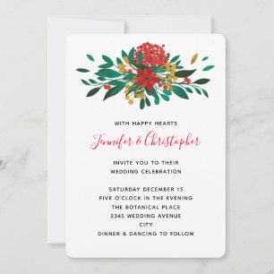 Modern Red Green & Gold Christmas Bouquet Wedding Invitation