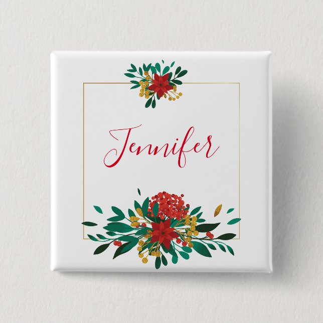 Modern Red Green & Gold Christmas Floral 15 Cm Square Badge (Front)