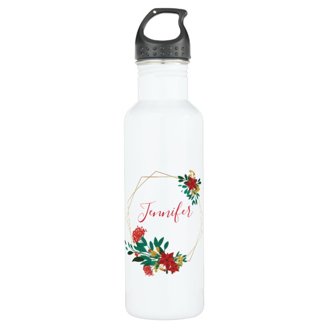 Modern Red Green & Gold Christmas Floral 710 Ml Water Bottle (Front)