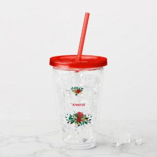 Modern Red Green & Gold Christmas Floral Acrylic Tumbler