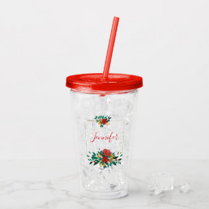 Modern Red Green & Gold Christmas Floral Acrylic Tumbler