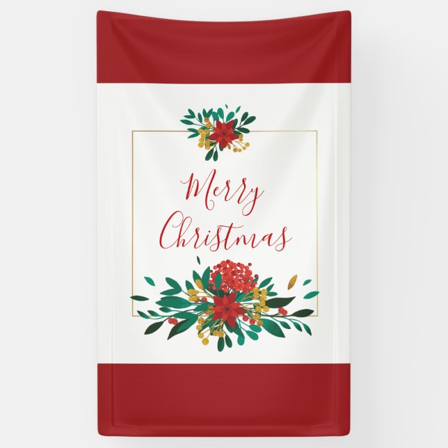 Modern Red Green & Gold Christmas Floral Banner (Vertical)