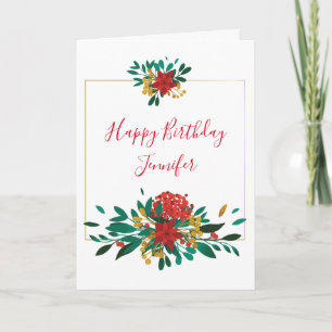 Modern Red Green & Gold Christmas Floral Birthday Card
