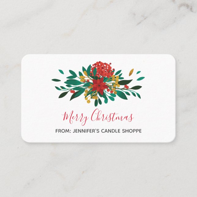Modern Red Green & Gold Christmas Floral Business Card (Front)