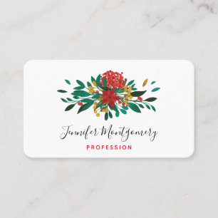 Modern Red Green & Gold Christmas Floral Business Card