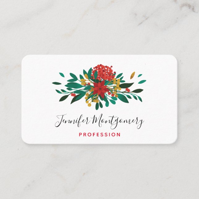 Modern Red Green & Gold Christmas Floral Business Card (Front)