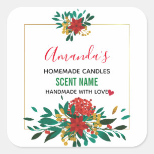 Modern Red Green & Gold Christmas Floral Candle Square Sticker