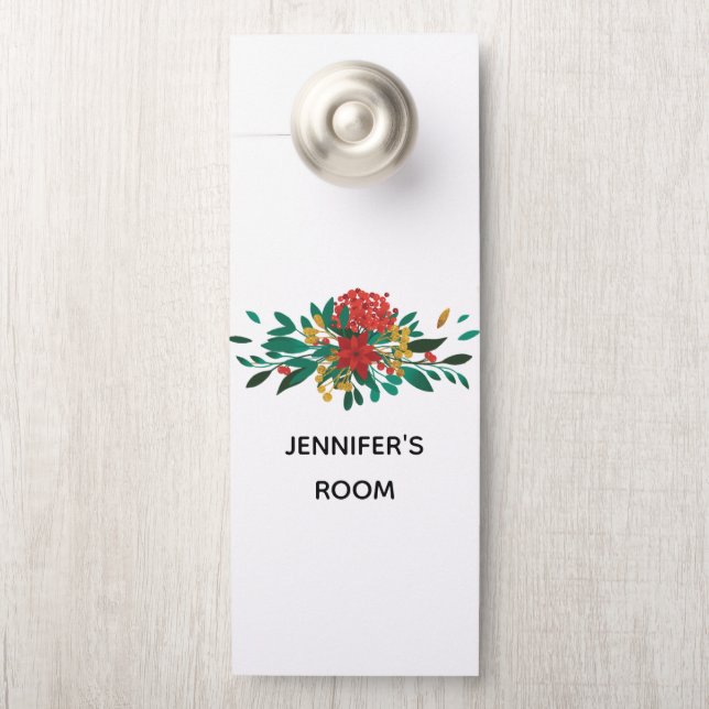 Modern Red Green & Gold Christmas Floral Door Hanger (On Knob)
