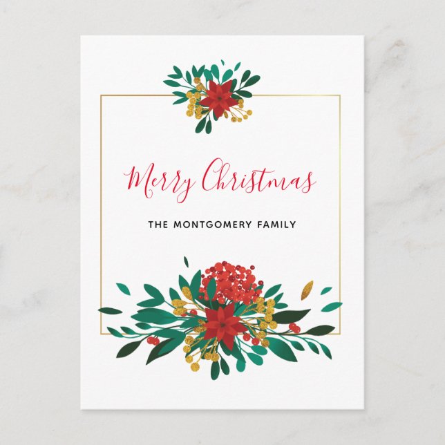 Modern Red Green & Gold Christmas Floral Holiday Postcard (Front)