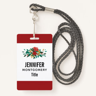 Modern Red Green & Gold Christmas Floral ID Badge
