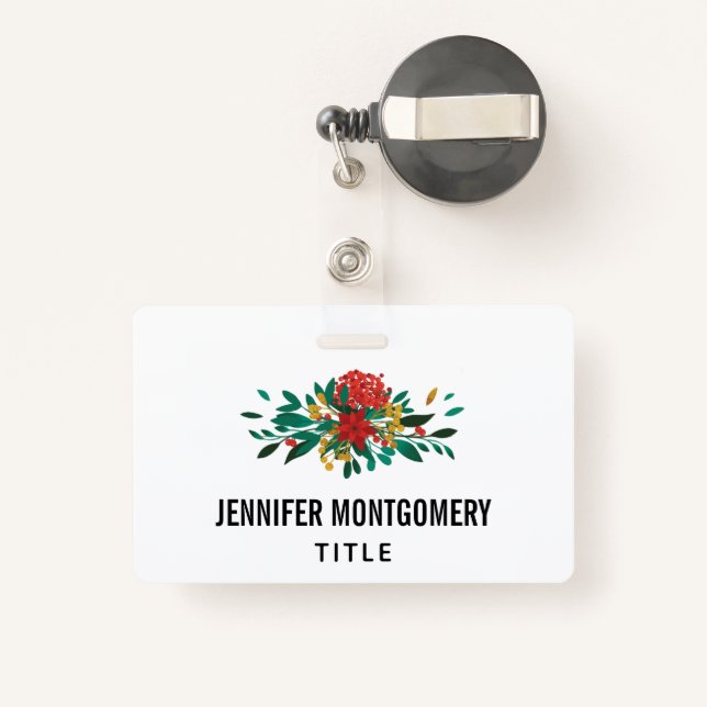 Modern Red Green & Gold Christmas Floral ID Badge (Back with Retractable)