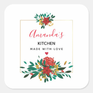 Modern Red Green & Gold Christmas Floral Kitchen Square Sticker