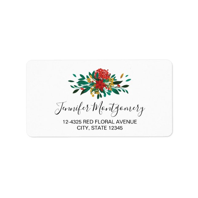 Modern Red Green & Gold Christmas Floral Label (Front)