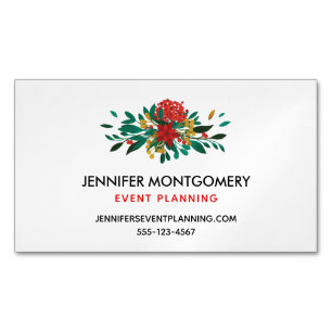 Modern Red Green & Gold Christmas Floral Magnetic Business Card
