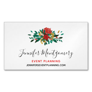 Modern Red Green & Gold Christmas Floral Magnetic Business Card