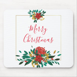 Modern Red Green & Gold Christmas Floral Mouse Mat