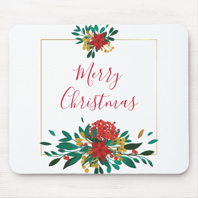 Modern Red Green & Gold Christmas Floral Mouse Mat (Front)