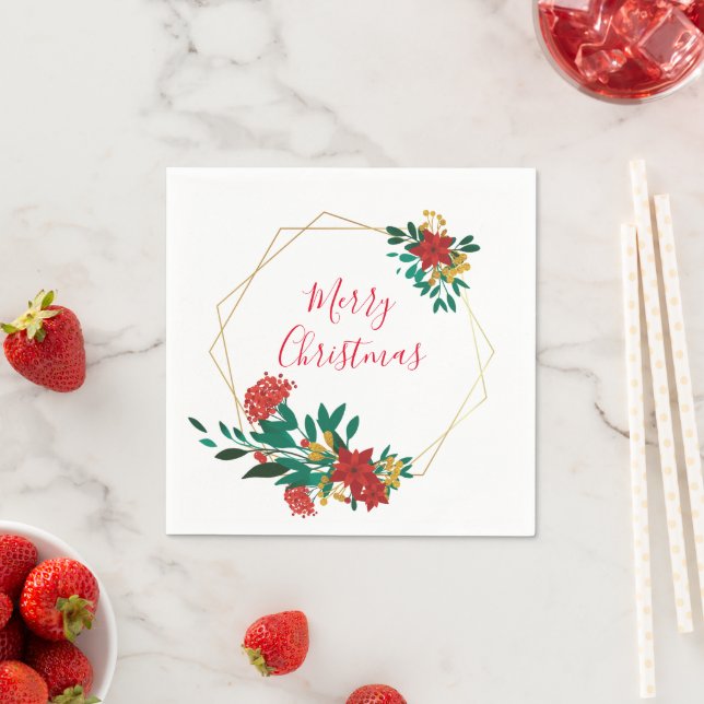 Modern Red Green & Gold Christmas Floral Napkin (Insitu)